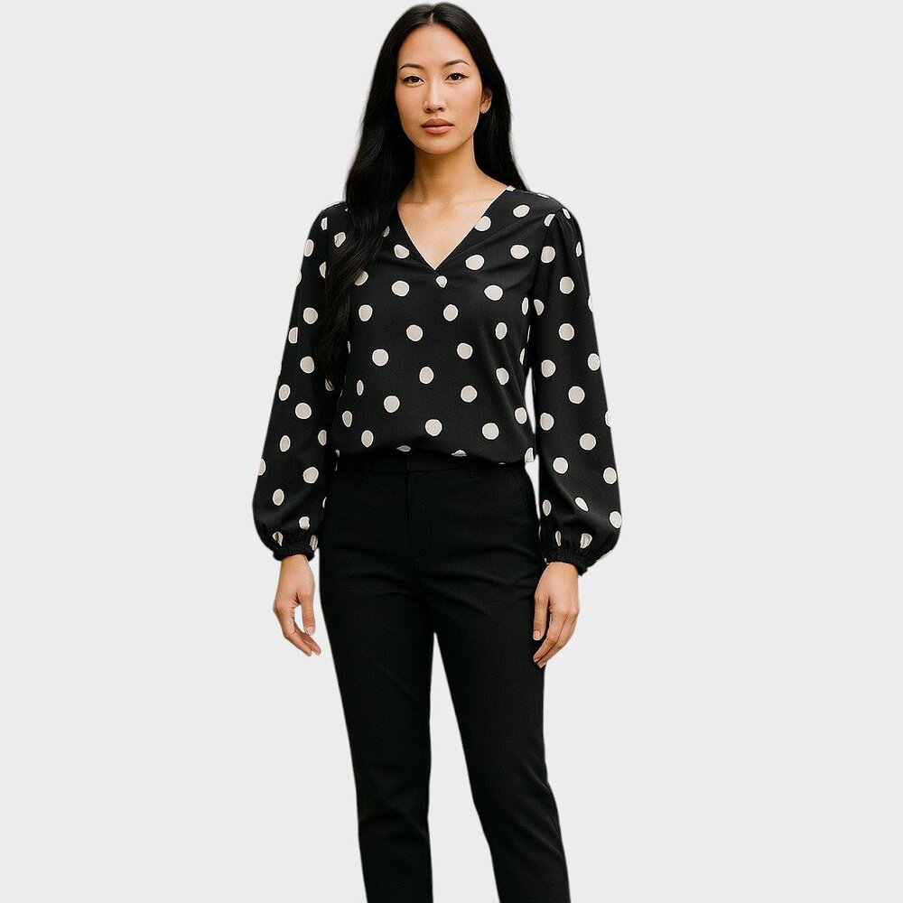 G by Giuliana Top Womens Small Black Spot Print Puff Sleeve Romantic Chic NWT